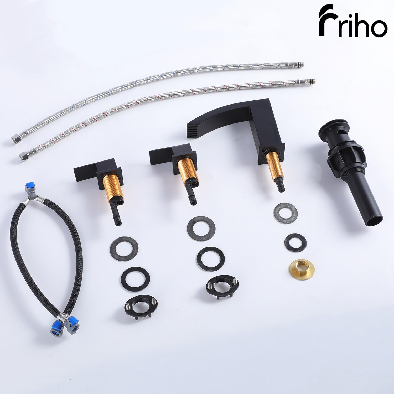 Friho Grifos de baño negros de 3 agujeros, cascada generalizada de 8 pulgadas, grifo cuadrado negro mate con drenaje emergente y líneas de suministro, dos asas para tocador, caravana, baño FR2DC17808B