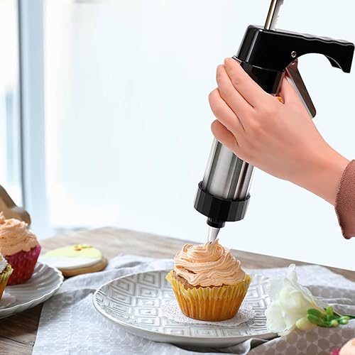 Miniatura 6 de Quimoy Prensa de galletas de acero inoxidable, kit de pistola de prensa de galletas con 13 discos de galletas y 8 puntas de tuberías, accesorios