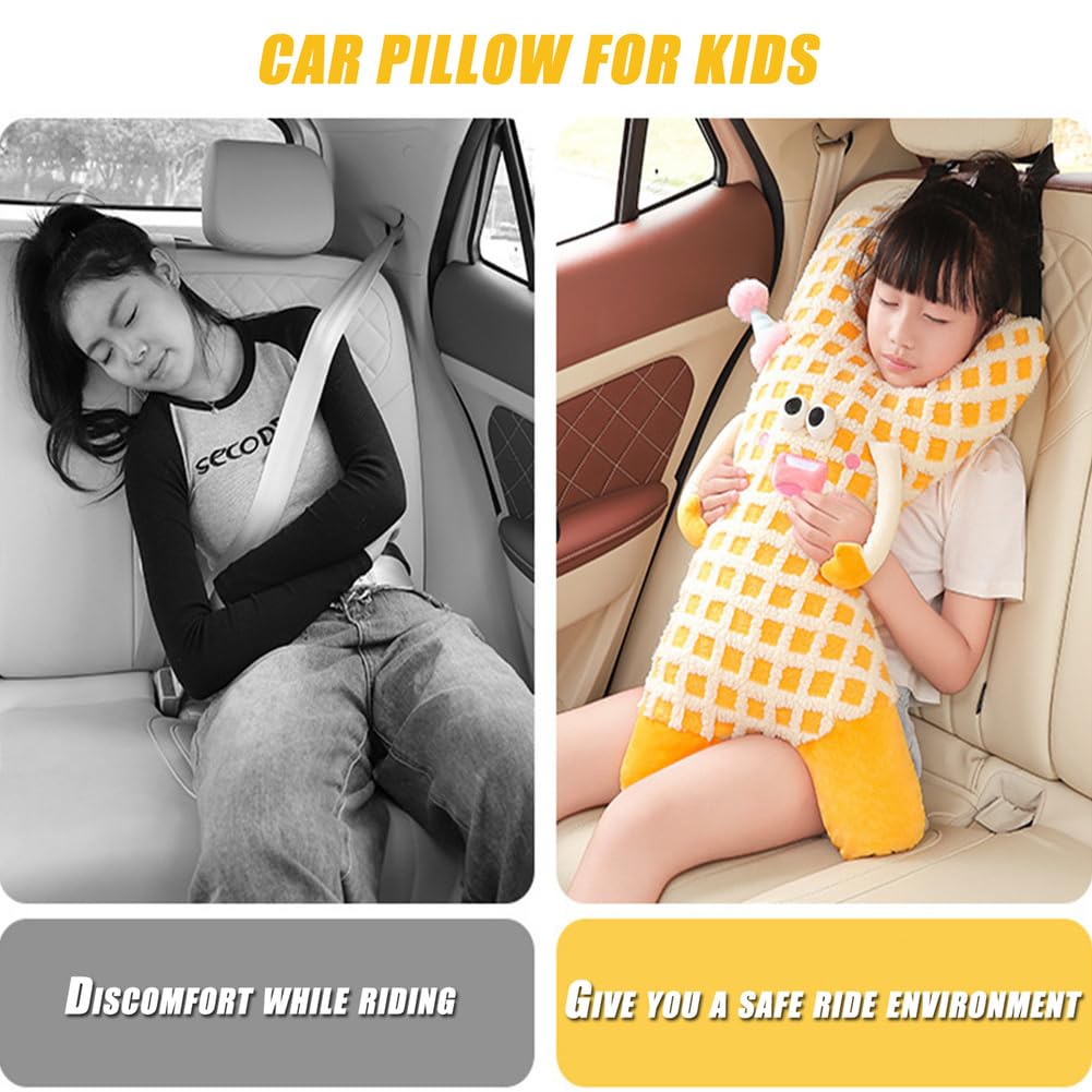 Almohada de Viaje para NiñOs, Almohada para El Coche, Almohada para Dormir En El Coche, Almohada de Dibujos Animados para El Cuello Y El Reposacabezas, Almohada de Viaje En Forma de K,Amarillo