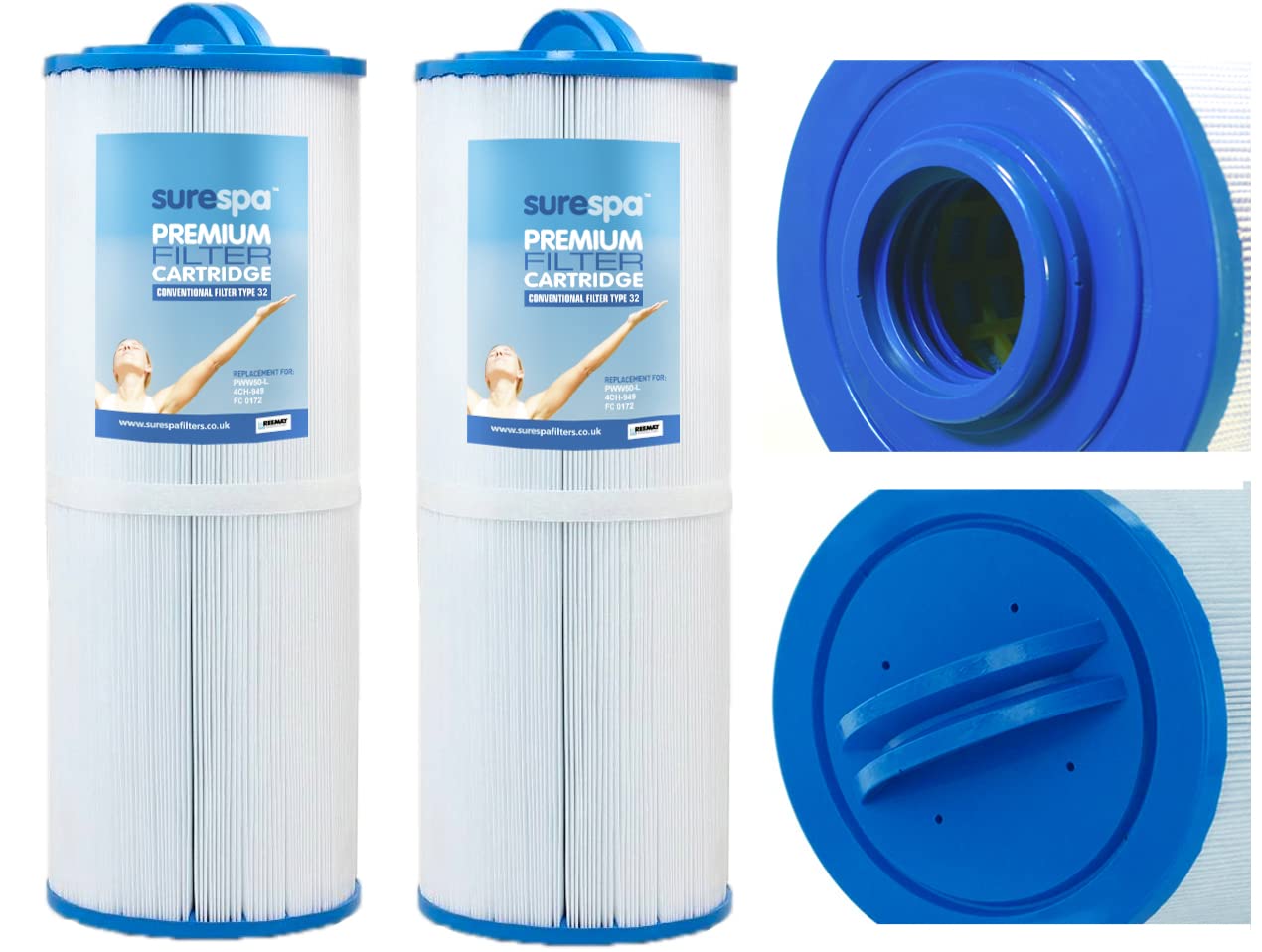 Surespa 2 x Hot Tub Filter - Replaces Unicel 4CH-949, Pleatco PWW50L, Filbur FC-0172, SC757, Darlly 40508, Magnum O250. 50 sq ft Hot Tub Filter Type 32 (Conventional Reemay Filtration Material)