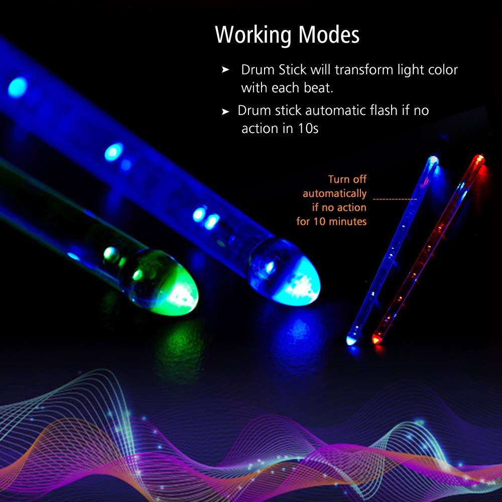 LED Light Up Drumsticks Jazz Drum Sticks 15 Gradient Colorful Lights USB Charging with ON/Off Switch Drumstick Drum Set Accessories