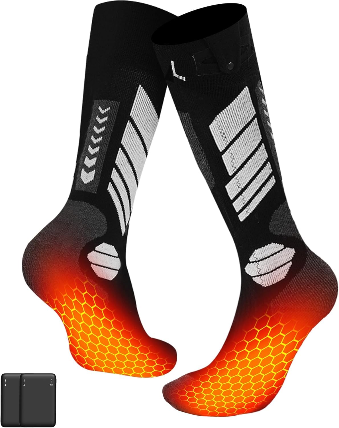 Beheizbare Socken Kinder mit 5000mAh Akku – Heizsocken für Jungen und Mädchen bis zum Knie, Elektrische Wollsocken zum Skifahren mit Upgrade-Kohlefaser-Heizelement (Schwarz +5000mAh Akku, L-XL)