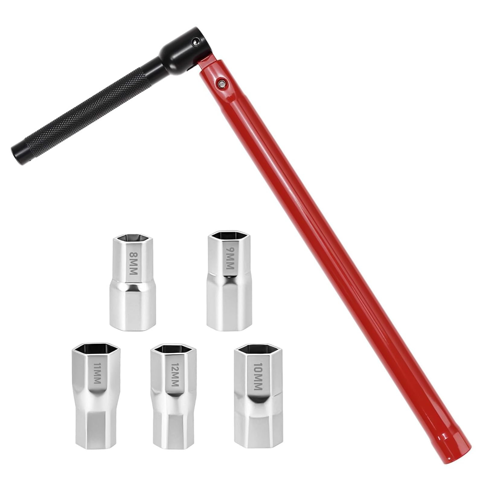 Senri Red 8-13Mm Tap Spanner Set, Faucet Wrench Tool Kit, Under Sink Basin Wrench With 5 Changeable Sockets, Heavy Duty Steel Tubular Box Spanner For Plumbing, Tap, Sink & Water Heater Repairs