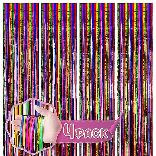 Image of Voircoloria 4 Pack 3.3x8.2 Feet Rainbow Foil Fringe Backdrop Curtains, Tinsel Streamers Birthday Party Decorations, Fringe Backdrop for Graduation, Baby Shower, Gender Reveal, Disco Party