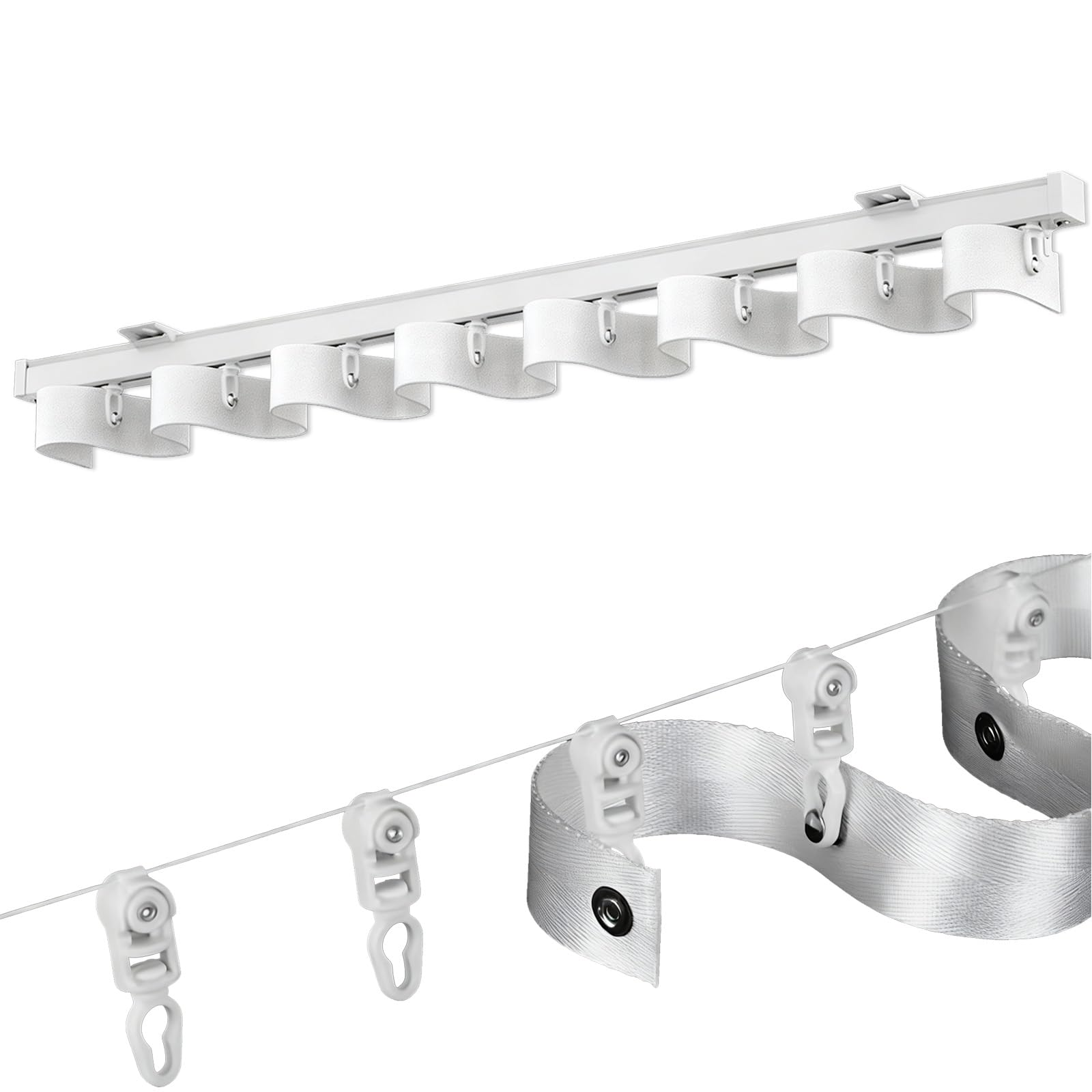 Aluminum Alloy S Wave Ripple Curtain Track System, White Wall/Ceiling Curtain Track Set 1.6ft - 19.7ft, Heavy Duty Ceiling Mount Ripplefold Snap Track with Tape Set(110CM(3.6FT),125mm)