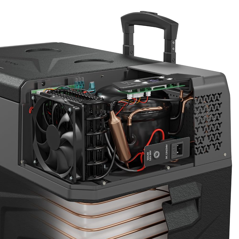 Yolco BCX50 Carbon Electric Compressor Cool Box, sterowanie aplikacjami przez Bluetooth, 12/24 V i 230 V do samochodów, ciężarówek, łodzi, lodówki kempingowej