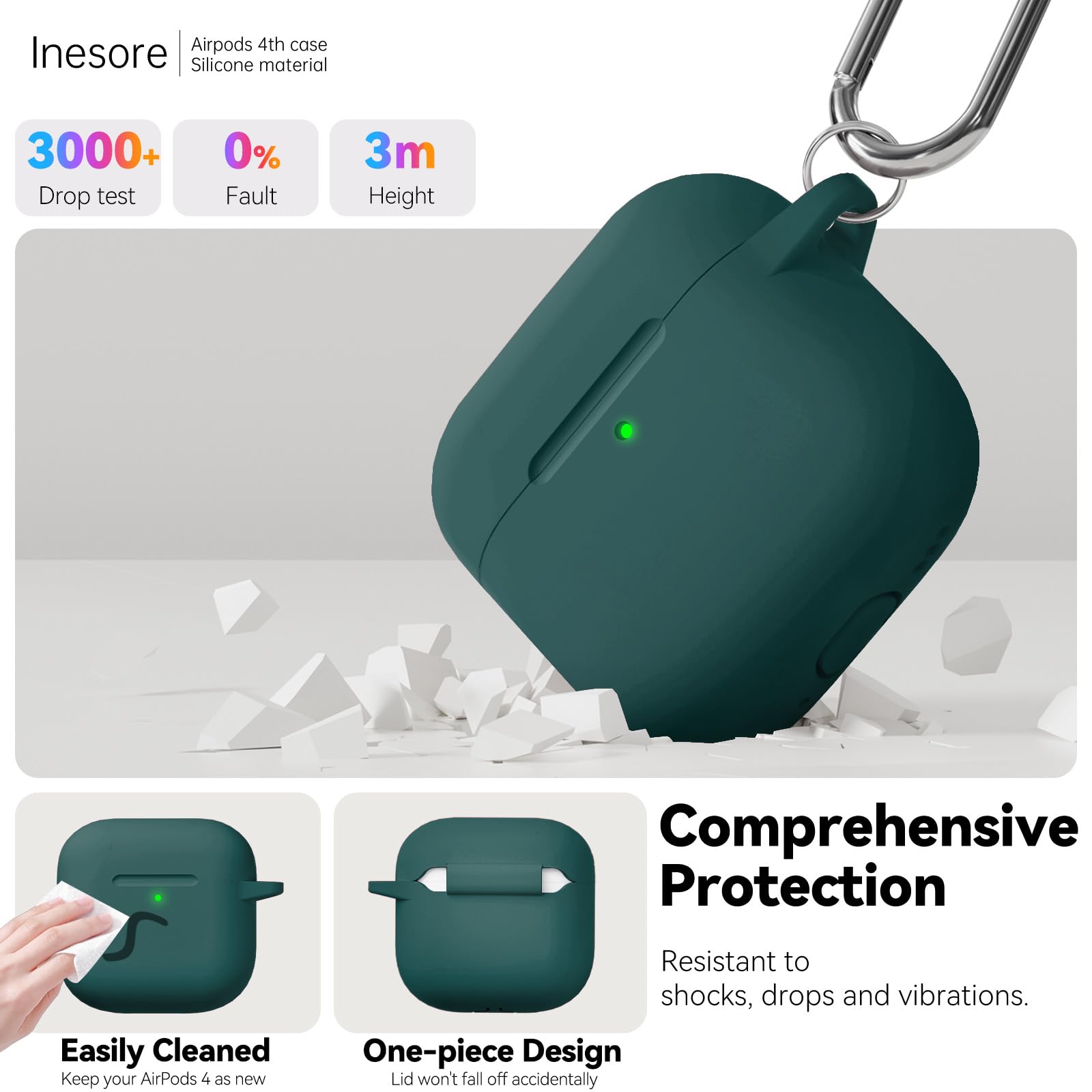 Inesore Compatible with AirPods 4 Case - Deep Green-B | Silicone Protective Case Cover for Apple Air Pod 4 (2024/ANC), Unisex Design, with Cleaning Kit