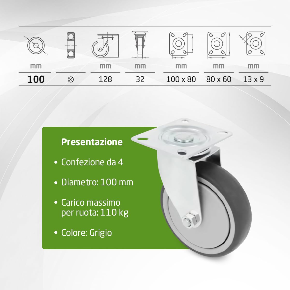 Amig - Set 4 Ruote per Mobili | Ø 100 mm | Ruote Girevoli con Piastra di Montaggio | Peso Massimo 110 Kg | Per Spostare Mobili Pesanti | Cuscinetti a Rulli | Nucleo in Plastica | Gomma Grigia