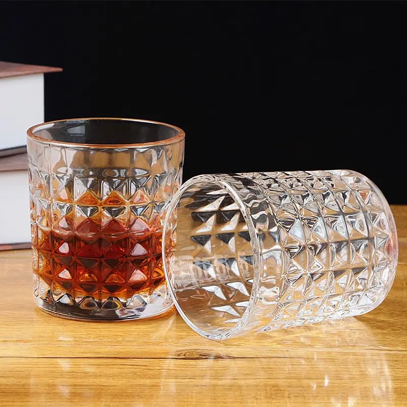 Image of Whiskey Glasses Set of 6 pcs- 300 ml Bar Glass for Drinking Bourbon, Whisky, Scotch, Cocktails, Cognac- Old Fashioned Cocktail Tumblers (4, Checks)
