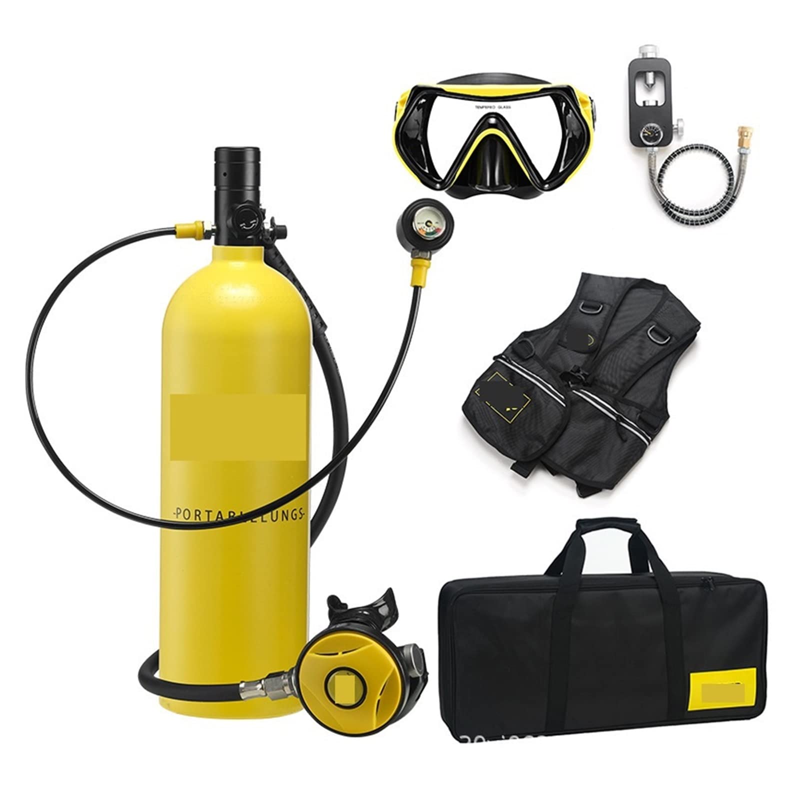 Portable Dive Cylinder, 2L Diving Snorkeling Equipment Residual Pressure Gauge(Blackhead in Yellow Bottle)