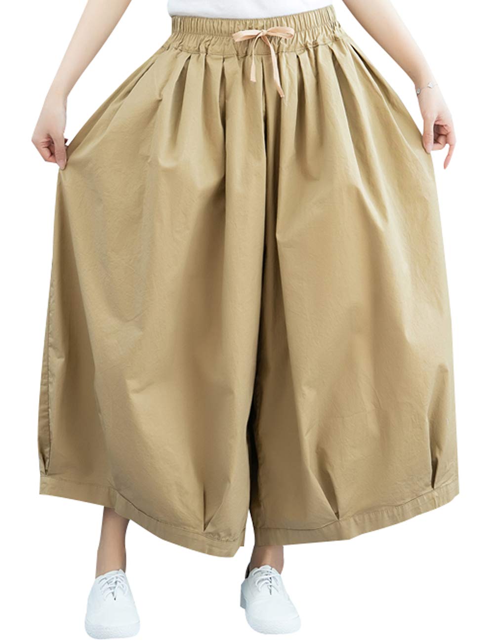 Bigasset Women's Elastic Waist Wide Leg Pants Casual Cotton Trousers