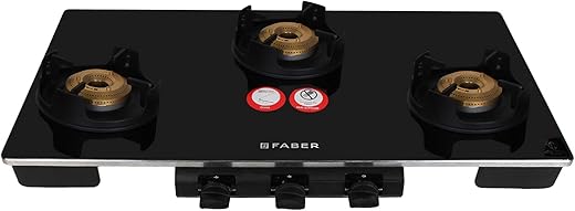 Faber Mild Steel 3 Burner Glass Cooktop Manual Ignition Open Gas Stove (Spacex 3Bb Bk Ci, Black)
