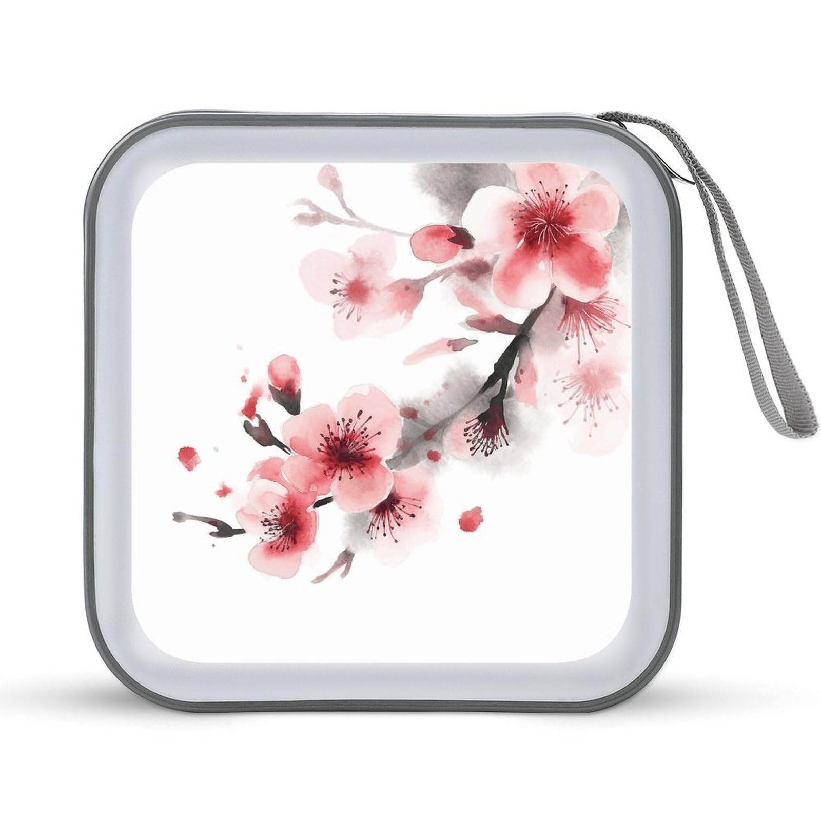 JTREHY Asian Watercolor Pink Cherry Florals CD Case 40 Capacity Case Zipper CD Collection Bag with Handles Cover DVD Storage Hard Plastic DVD Disc Cases Storage Binder for Car Home Office Travel