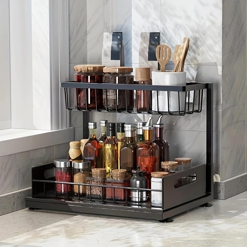 Under Sink Organizer Pull Out Cabinet Organizer 2-Tier Slide Out Sliding Shelf Under Cabinet Storage Multi-Use for Under Kitchen Bathroom Sink Organizers and Storage
