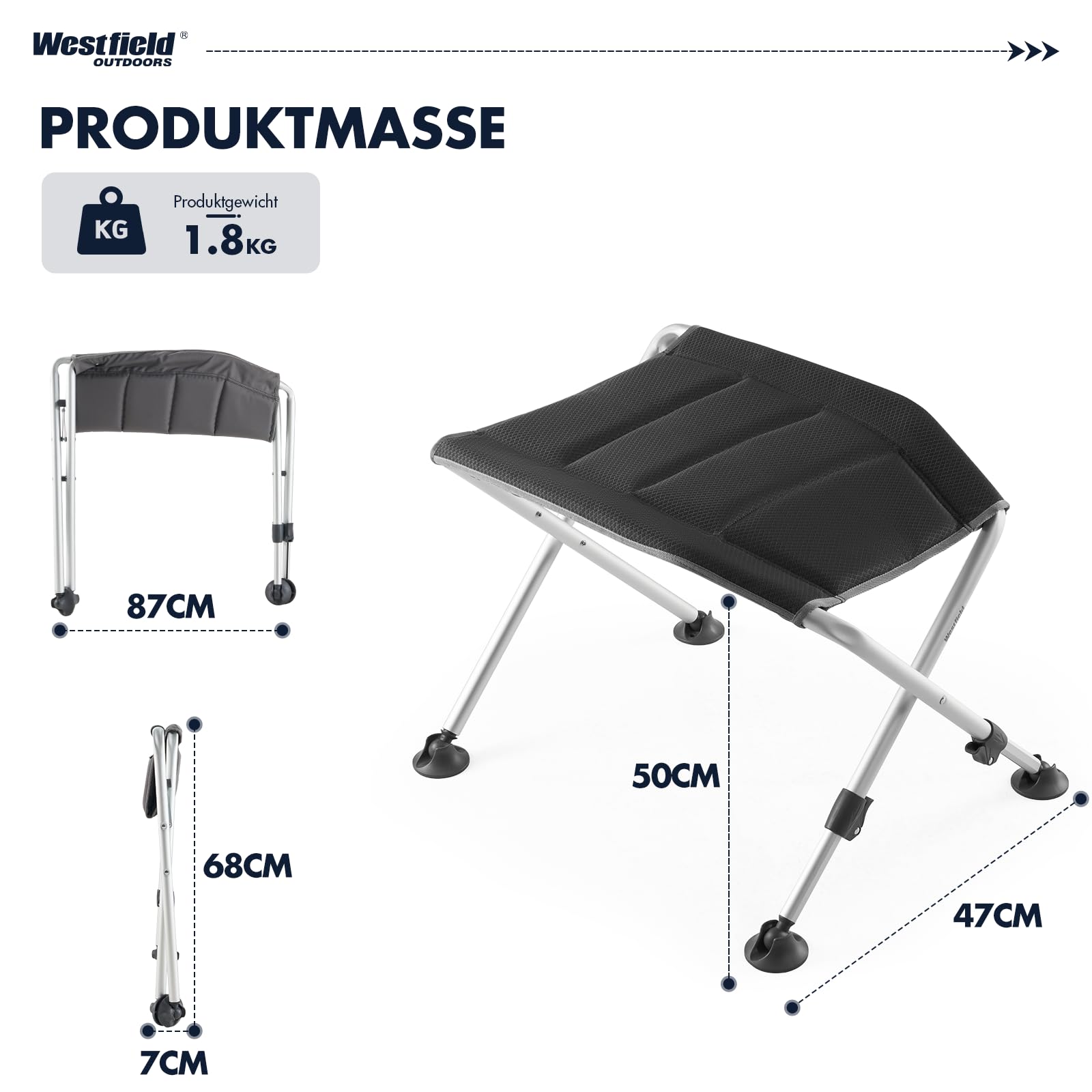 Westfield Outdoors Focus Camping Fußhocker faltbar, höhenverstellbar 35-45cm, 1,8 kg leicht tragbar, UV-beständig, komfortabel für Camping, Garten und Strand, bis 100kg belastbar