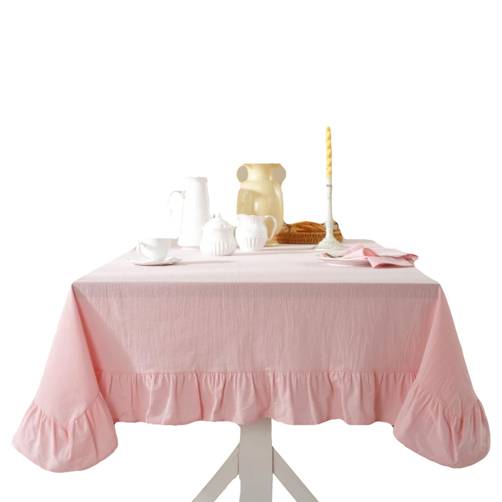 Nappe carrée à volants rose de style rustique pour table de cuisine chic pour fête, mariage, 140 x 140 cm