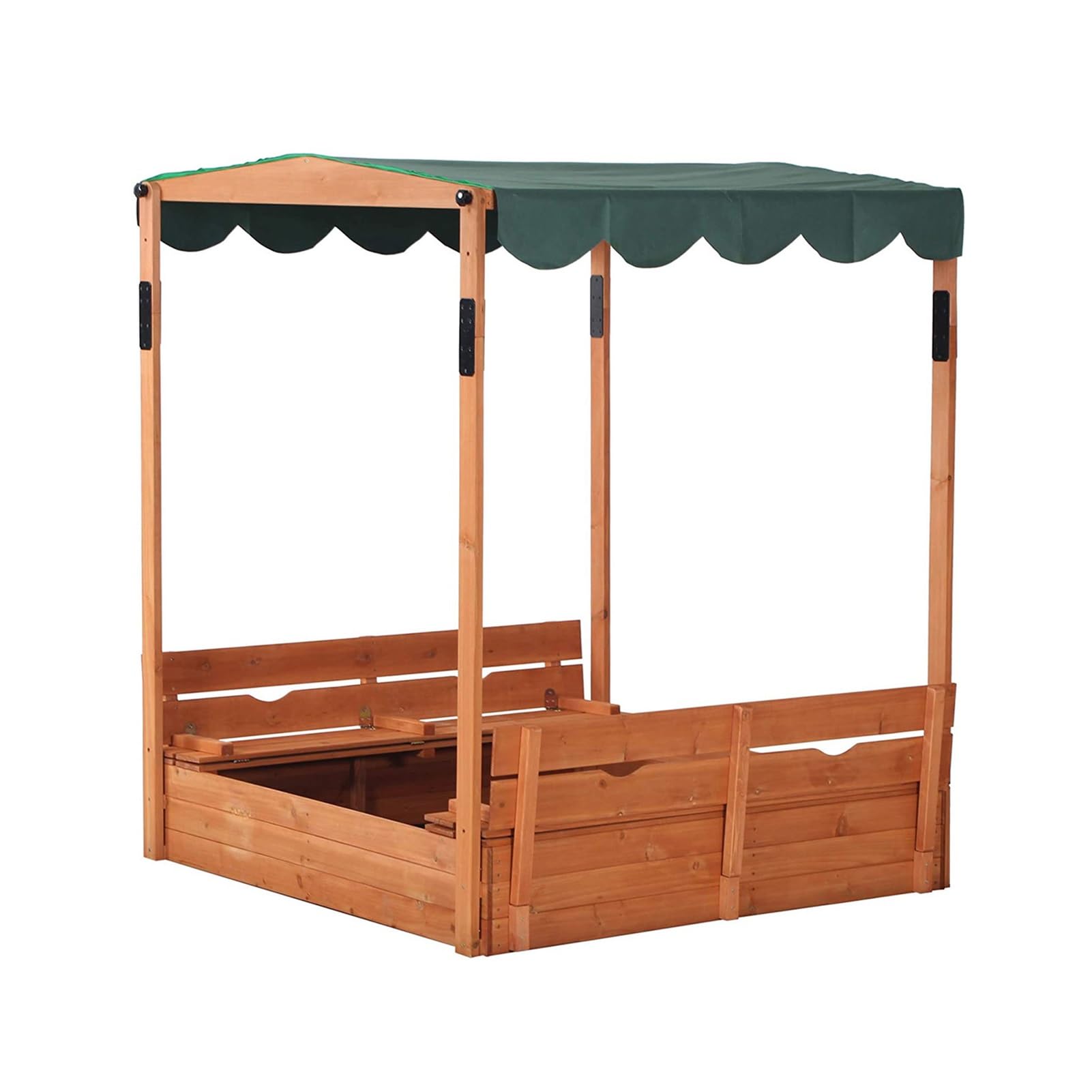 Holzsandkasten mit Verstellbarem Vordach, Höhenverstellbares Dach, 2 Klappbare Sitzbänke, Sandkasten mit Abdeckung für Holzspielzeug Geschenk für Kinder von 2-8 Jahren