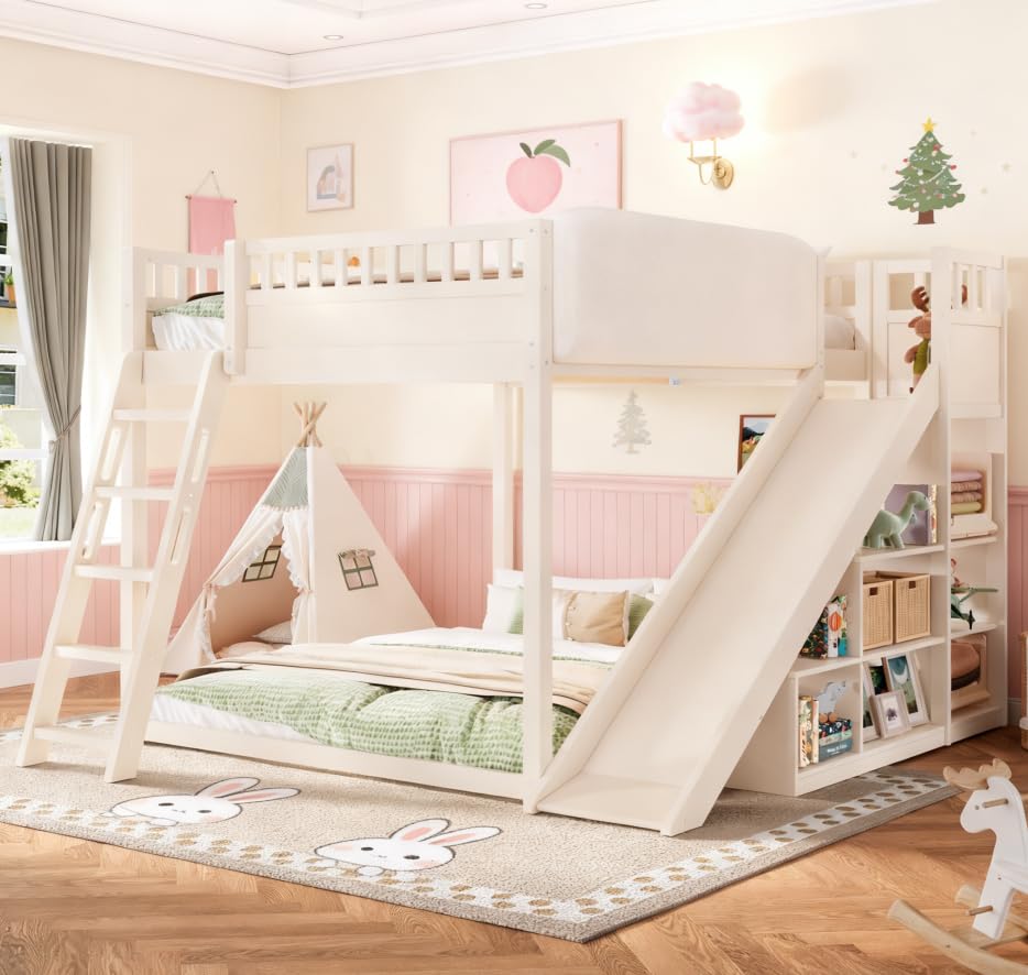 Image of Bellemave Bunk beds Queen Over Queen with Slide and Stair and upholstered Board, Low bunk /loft Bed for Kids,Beige