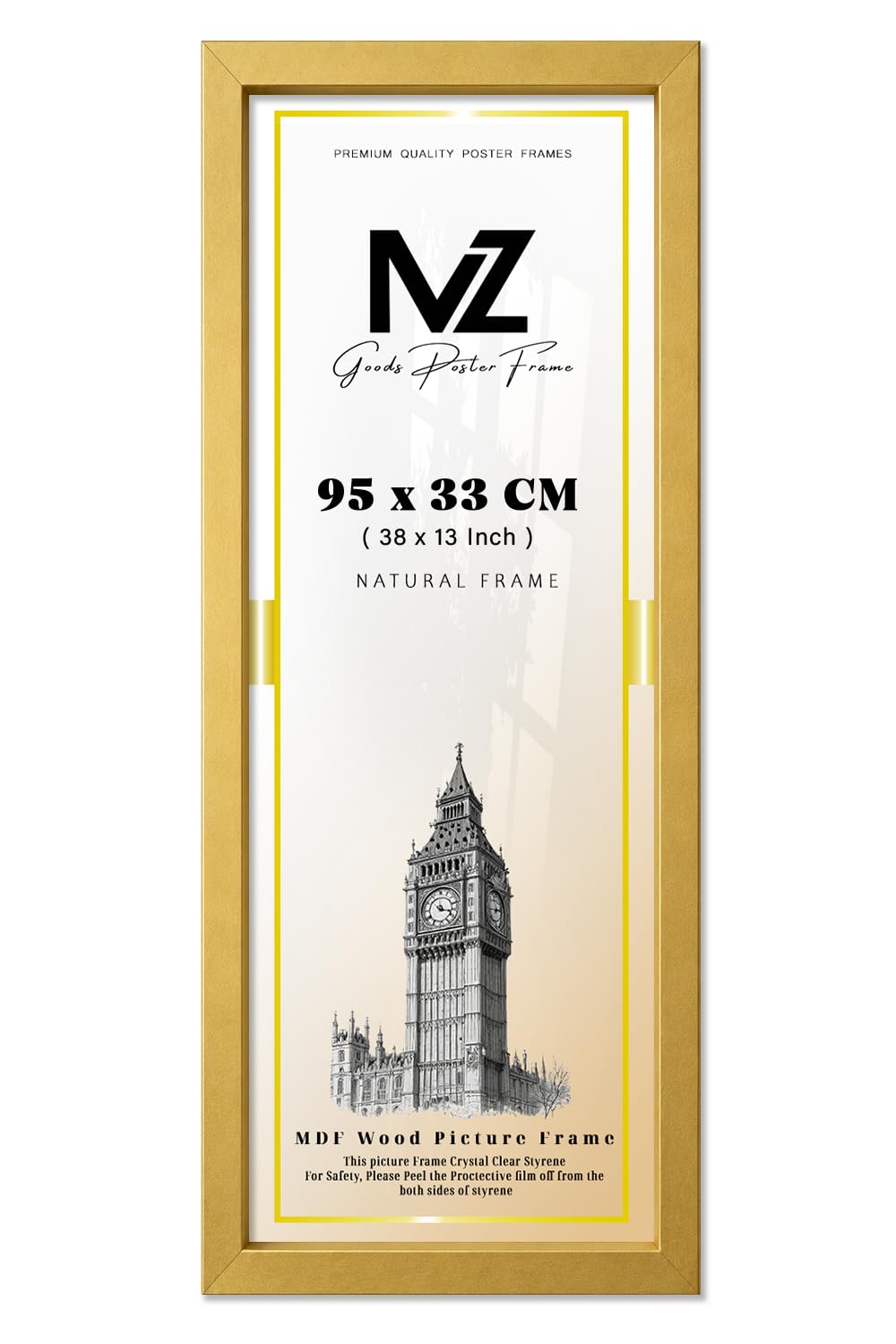 MZ GOODS | MDF Picture Frame (95 x 33 CM) 38x13 Inch Ideal for Posters, Pictures & Home Décor, MDF Finish, Portrait & Landscape Hanging Hooks [ Gold ]