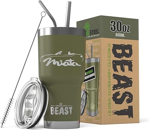 Miniatura 5 de 2009-14 Miata Sports Car BEAST Vaso aislado de acero inoxidable de 20 onzas con tapa, 2 pajillas, cepillo y caja de regalo, color negro