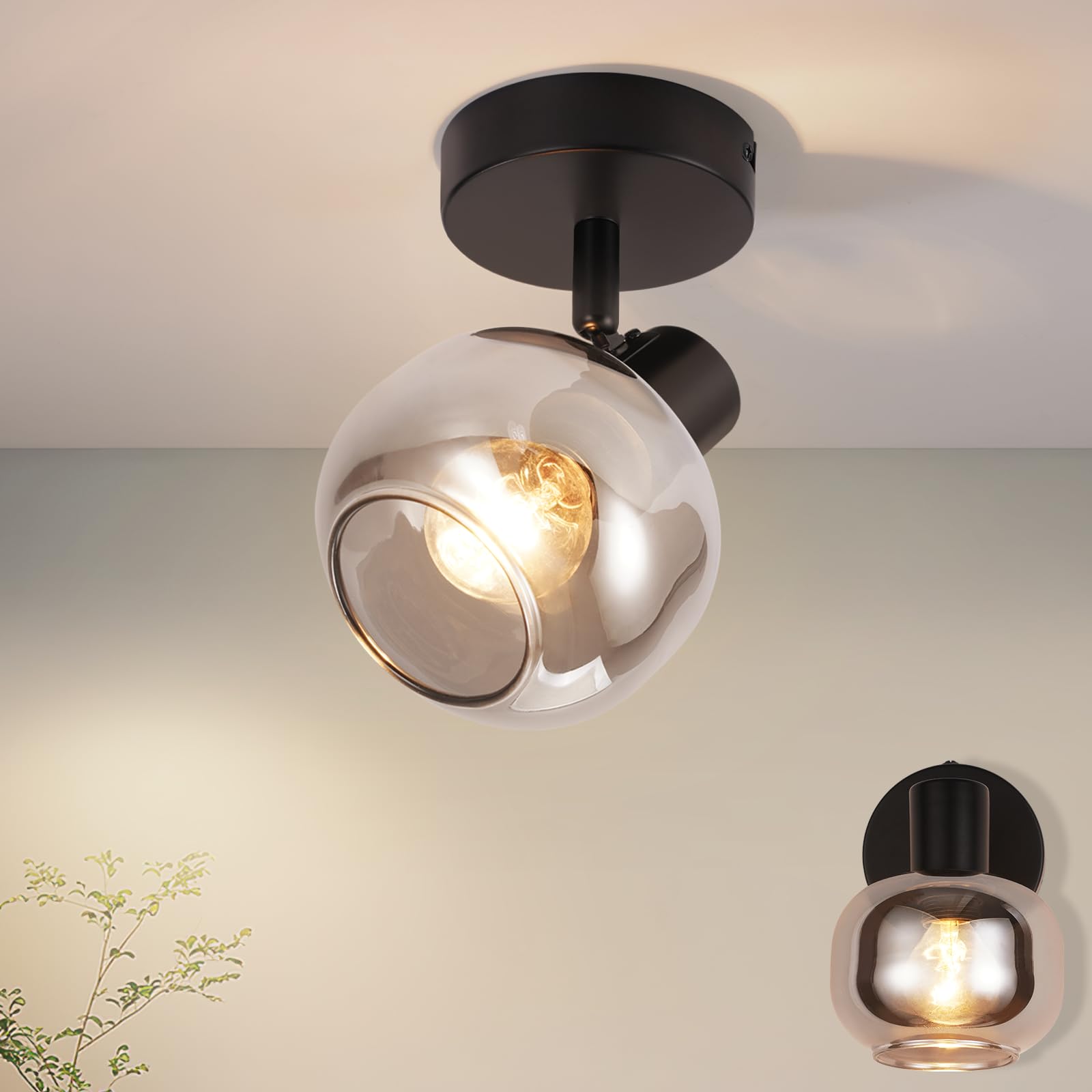 CBJKTX Deckenstrahler 1 Flammig Deckenlampe Schwarz - 350° Schwenkbar Modern Deckenspots Rauchgrau E14 Glas Deckenleuchte Strahler Flurlampe für Schlafzimmer Flur Küche Wohnzimmer（Ohne Lichtquelle）