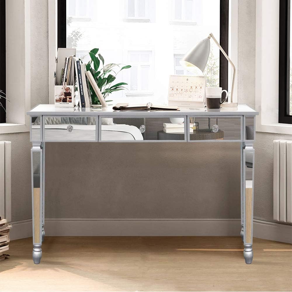 Goujxcy Mirrored Console Table Makeup Vanity Table Dressing Desk with 3 Drawer, 41" Silver Sofa Table Modern Glass Accent Tables for Bedroom Dressing Room Living Room (Sliver)
