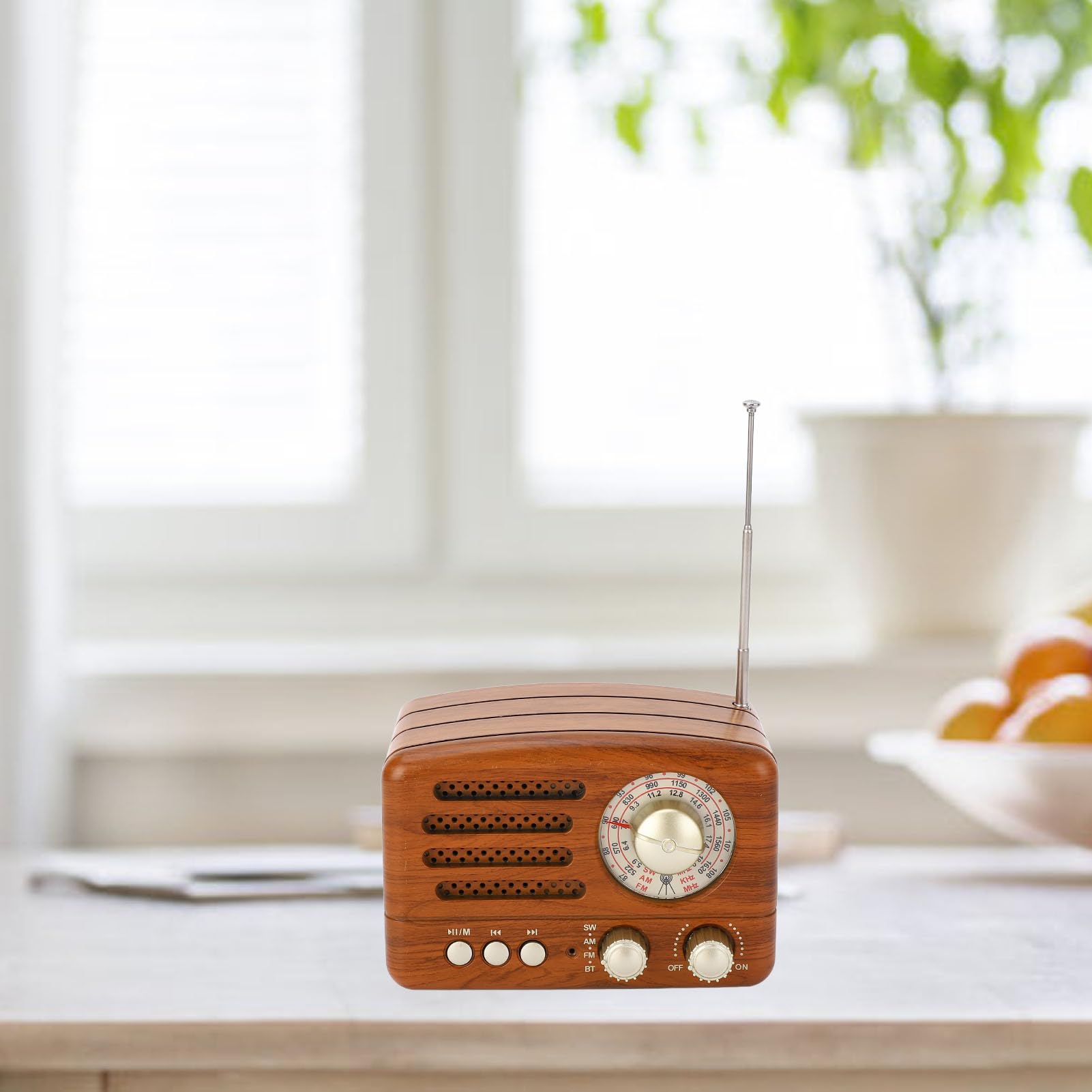 Radio AM FM vintage Altoparlante retrò portatile USB con antenna regolabile, batteria 1800mAh, legno