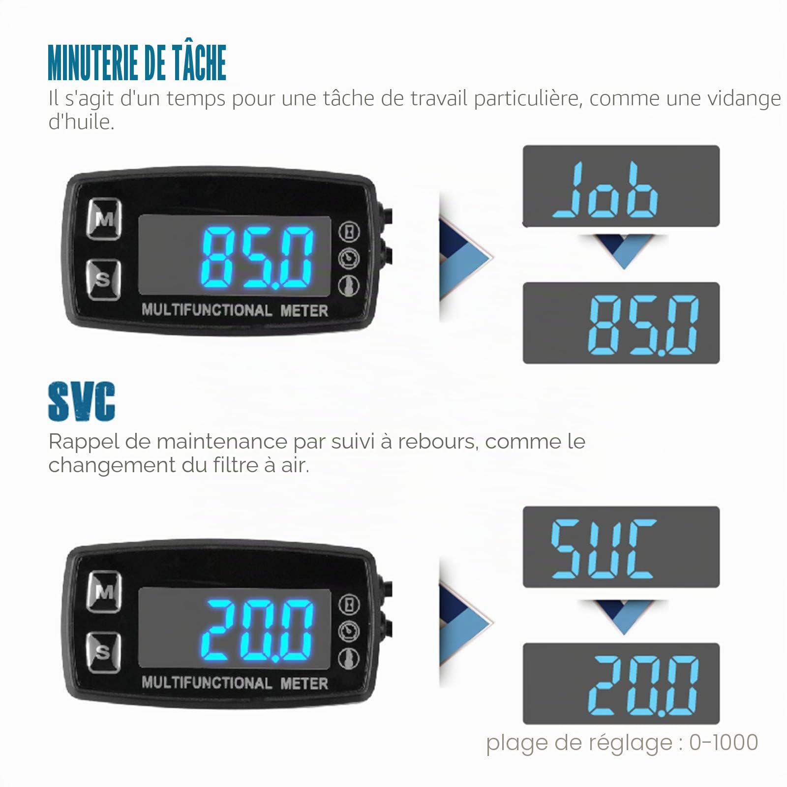Runleader Compteur horaire LED numérique,affichage du régime et de la température,rappel de maintenance,fonctionnement à alimentation externe pour compresseur marin tondeuse-générateur