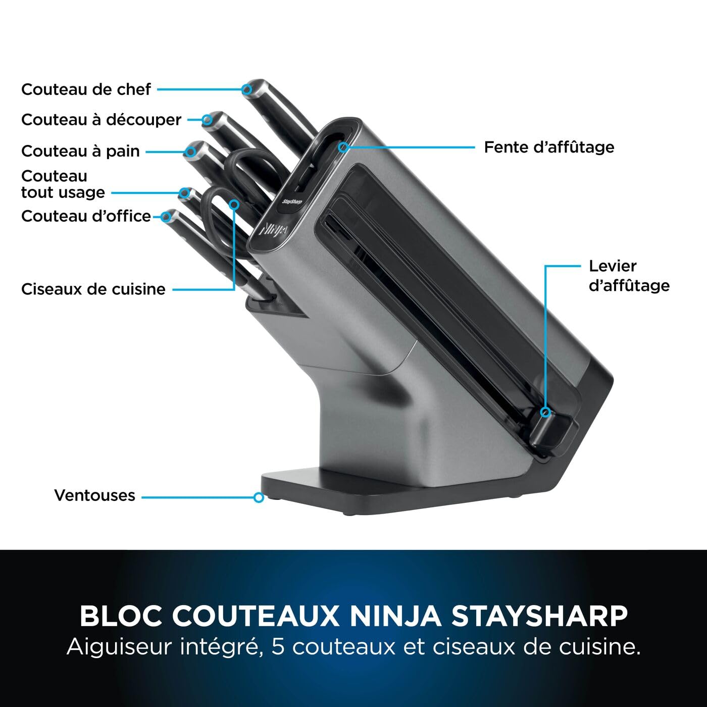 Bloc-couteaux Ninja Foodi StaySharp avec Affûteur, Ensemble de Couteaux 6 Pièces Aiguisés: Couteau de chef, à pain, à trancher, universel, à éplucher et ciseaux, en Acier Inoxydable, K32006EU