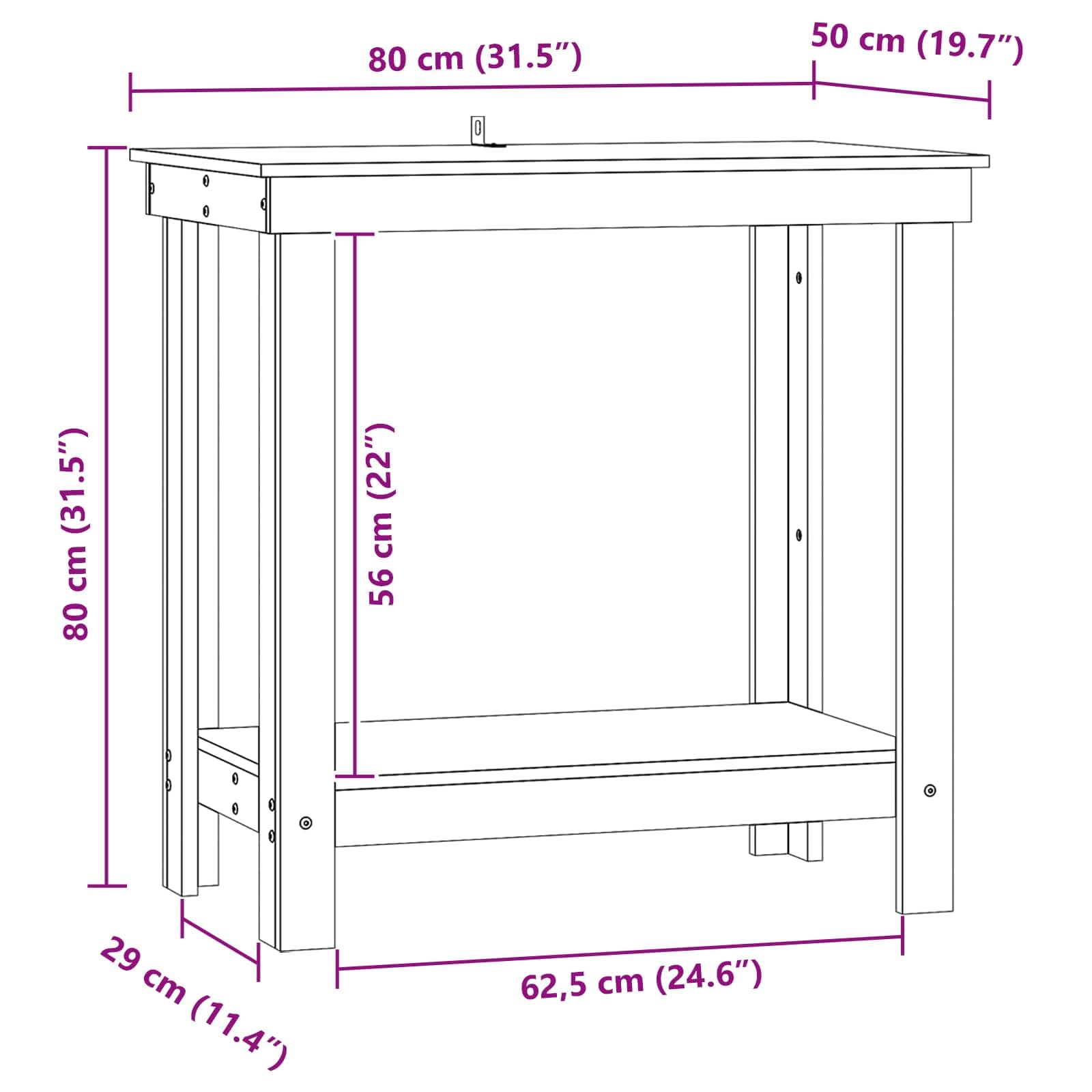 Banco de trabajo de madera de pino maciza, 80 x 50 x 80 cm, con estante para taller, sala de ocio, garaje y banco de taller para almacenamiento y organización