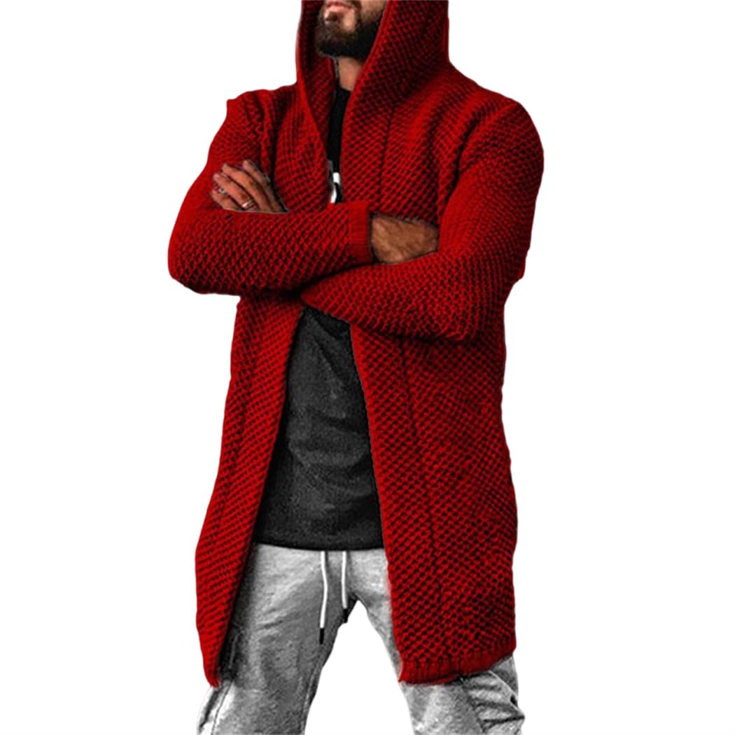 Wekumgy Mens Long Cardigan Sweater Casual Hood Open Front Long Sleeve Knit Slim Fit Fashion Sweater Hoodies Red