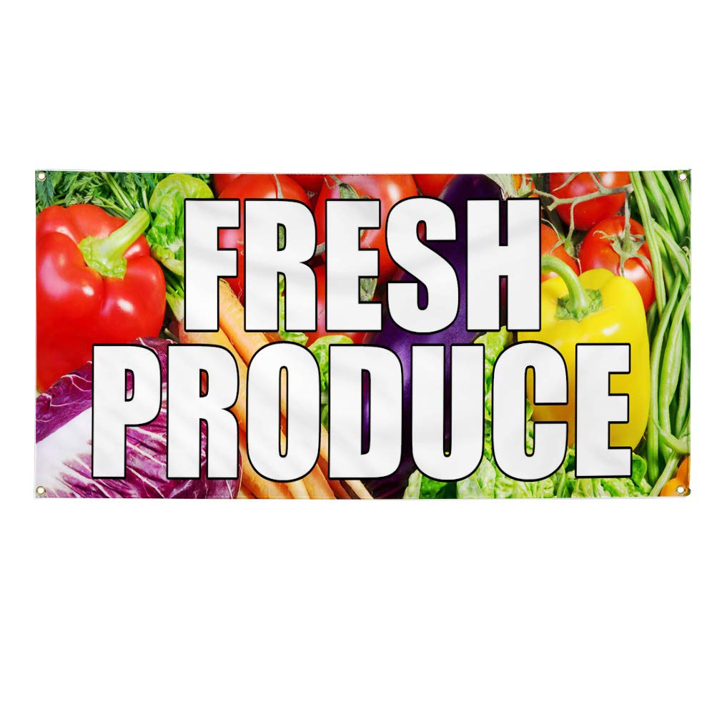 Vinyl Banner Multiple Sizes Fresh Produce Farmer's Market Food Fair Business Outdoor Weatherproof Industrial Yard Signs Red 4 Grommets 12x30Inches
