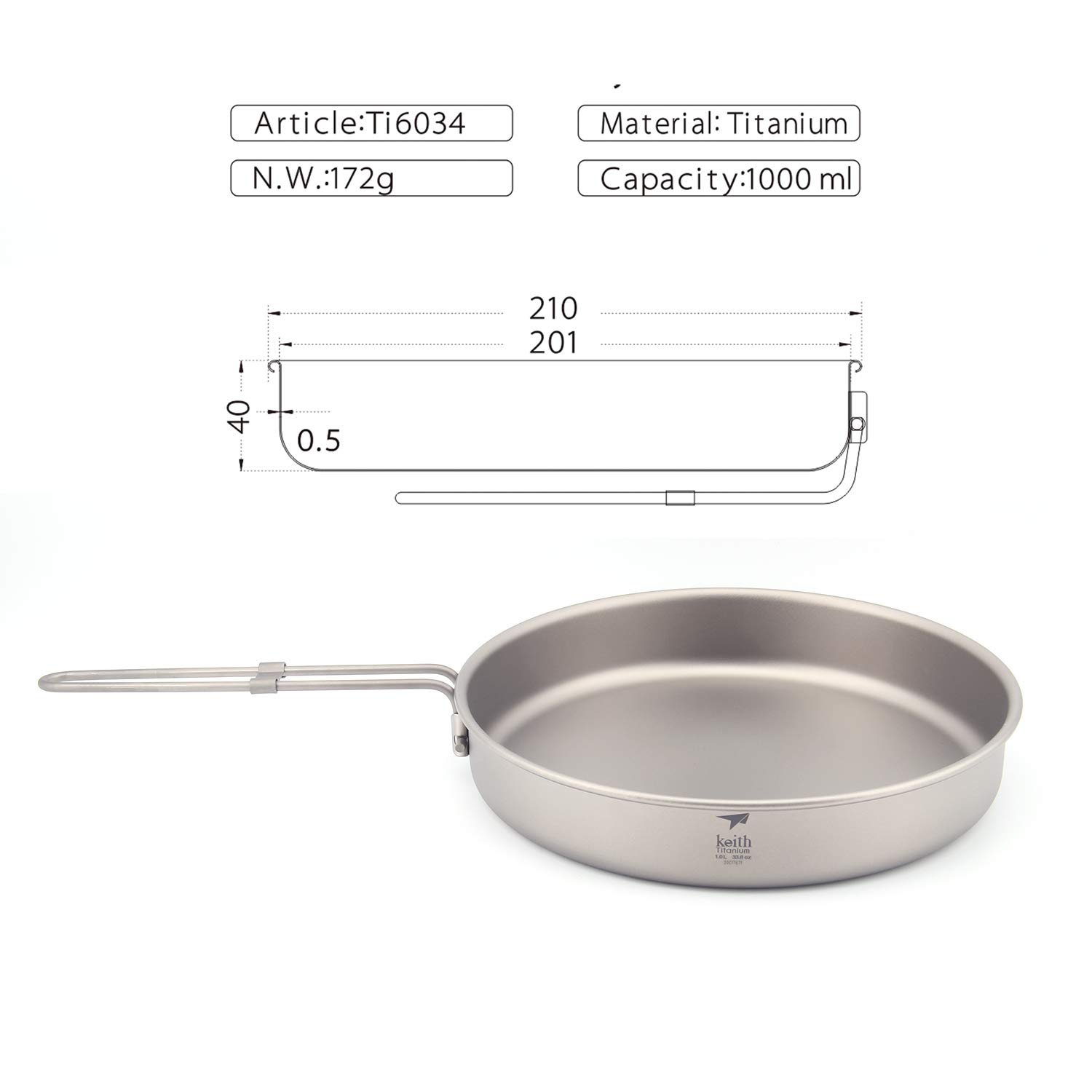 Keith Ti6034 Titanium Frying Pan Outdoor Camping Cooking Picnic Backpacking Cookware with Foldable Handle