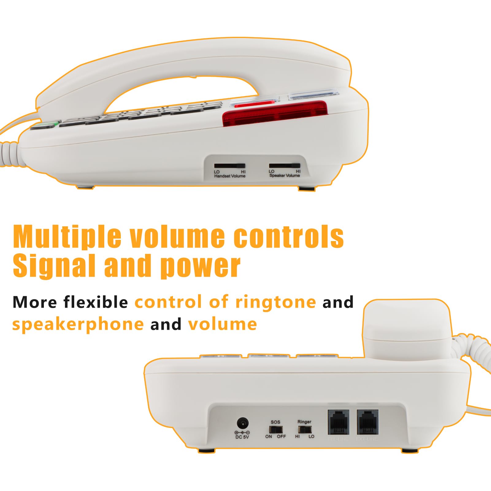Uvital - Teléfono de botón grande con volumen fuerte, soporte de teléfono fijo de volumen ajustable y marcaciones rápidas con un solo toque, teléfono multifuncional con cable para personas mayores