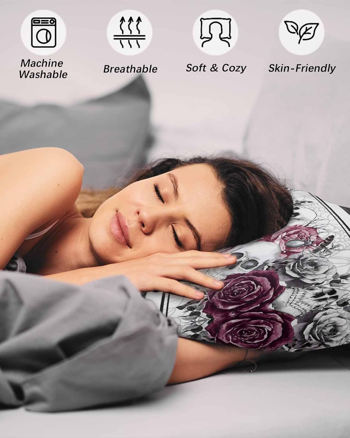 Halloween Skull Pillow Covers Standard Size 2 Pack, Black Red Rose Flower Leaves Soft Bed Throw Pillowcases Breathable Cooling Long Lumbar Body Pillow Sham Cover for Bed Sofa 20x26