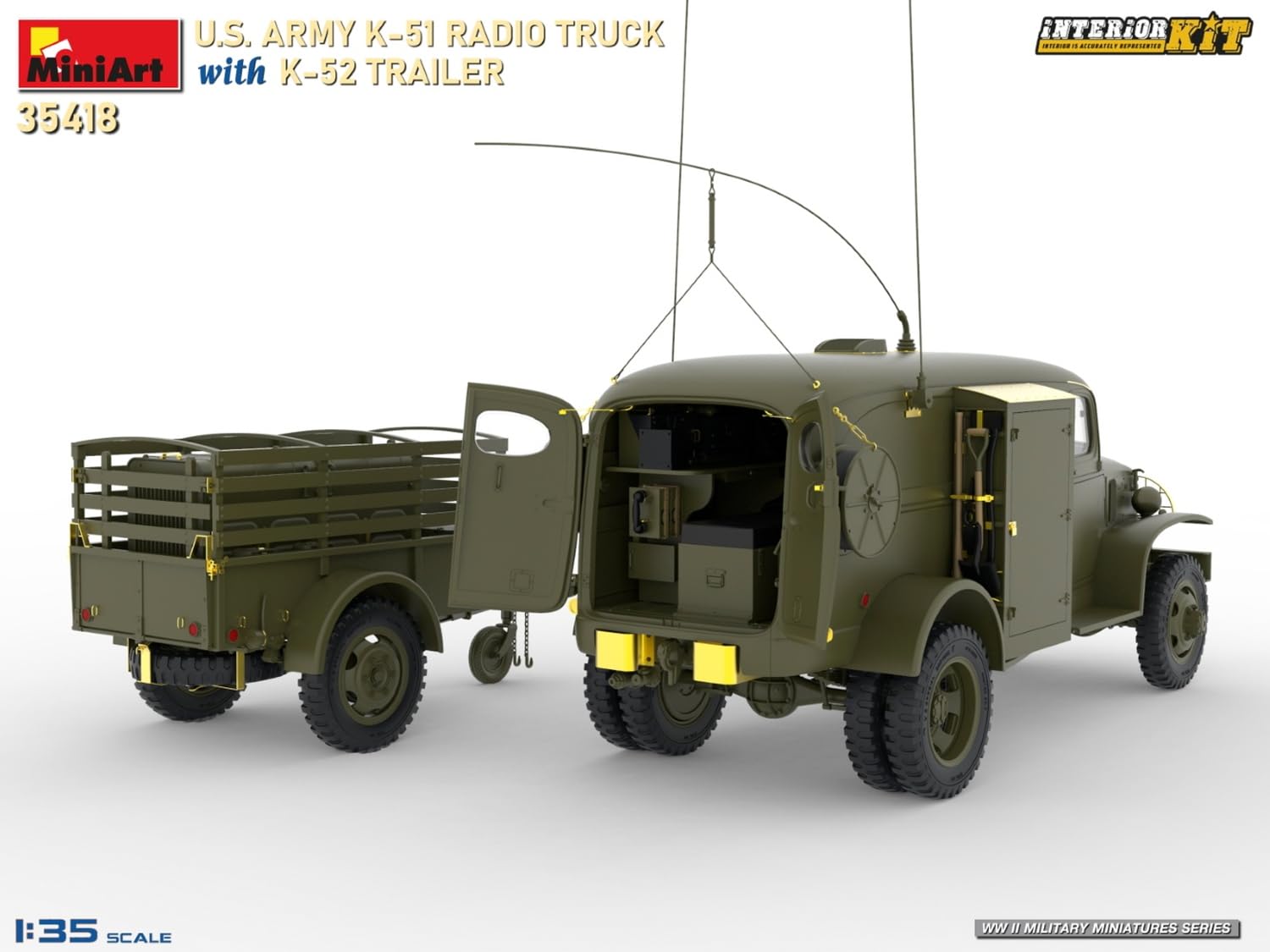 MiniArt 35418 1:35 US Funkwagen K-51 mit Anhäng. K-52 - originalgetreue Nachbildung, Modellbau, Plastik Bausatz, Basteln, Hobby, Kleben, Modellbausatz, Zusammenbauen, unlackiert