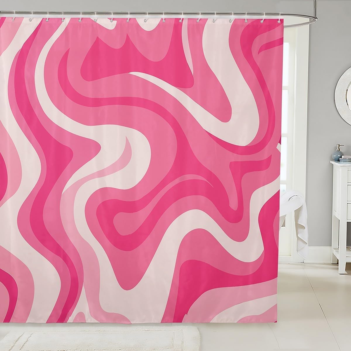 YEGRFJIS Retro Pink Fuchsia Wavy Shower Curtain 100x150cm(WxL) – 70s 80s Abstract Fluid Pattern Bathroom Curtain, Waterproof Fabric Shower Curtain and Bathroom Curtain with Hooks