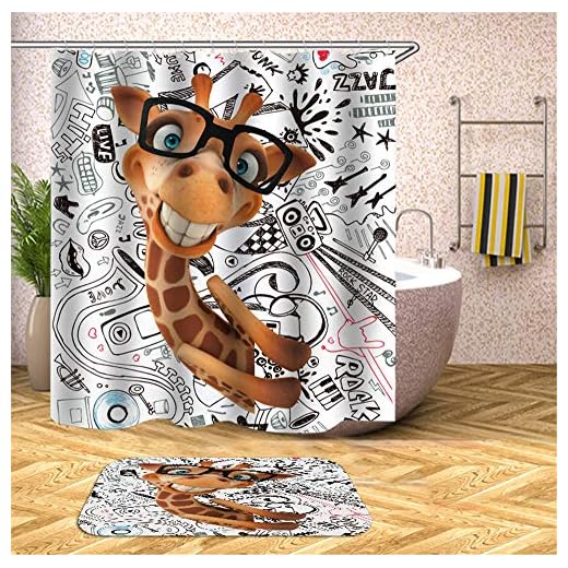 Chickwin Cortina de Ducha Cortinas Baño Impermeable Antimoho Poliéster 3D Lindo Animal Impresión Cortina bañera Cortina de Bañera Lavable a Máquina con 12 Anillas (Jirafa,90x180cm)