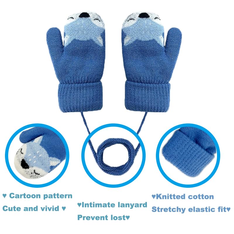 BEISIJIA Toddler Kids Winter Warm Thick Knitted Gloves Fleece Lined Full Fnger Mittens with String for 1-3 Years Kids