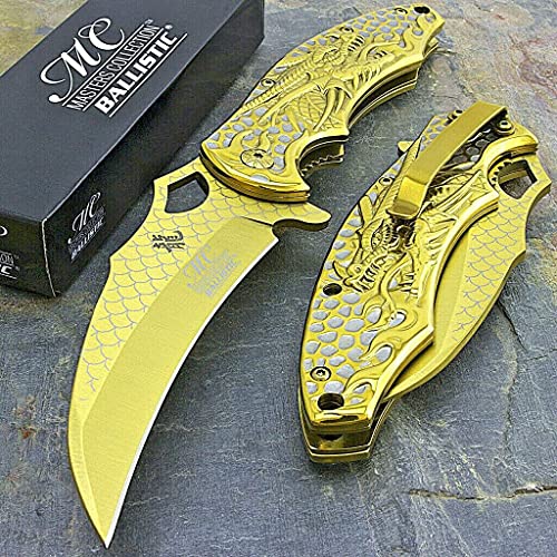 Master Collection All Gold Dragon Fantasy Collector's Ballistic Pocket Folding Knife Master Collection All Gold Dragon Fantasy Collector's Ballistic Pocket Folding Knife