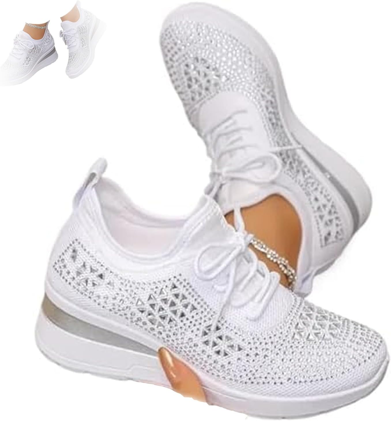 Women's Glittery Rhinestone Fashion Breathable Wedge Sneakers, Bling Sparkly Wedding Dressy Knitted Tennis Shoes