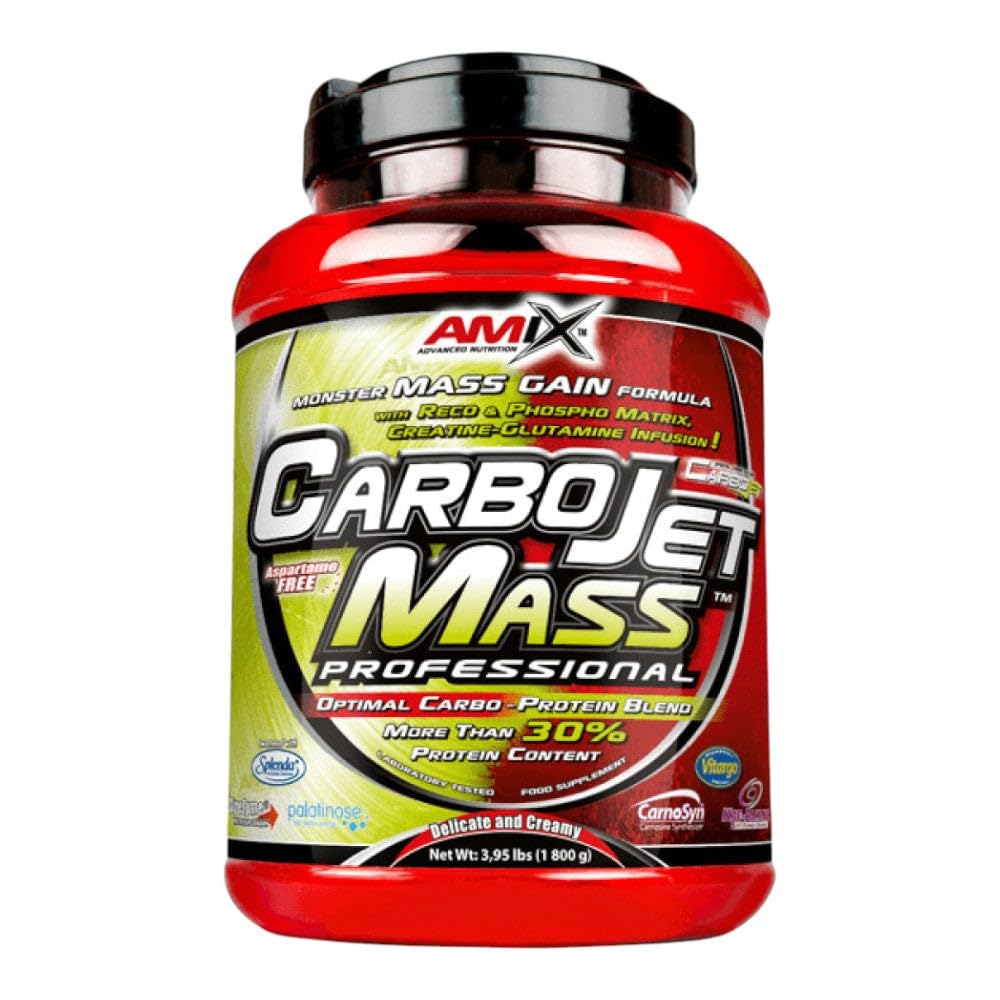 AMIX - Complemento Alimenticio - Carbojet Mass Professional - Carbohidratos y Proteínas para Aumentar la Masa Muscular - Concentrado Proteína de Suero - Recuperador Muscular - Fresa y Plátano - 1,8 KG