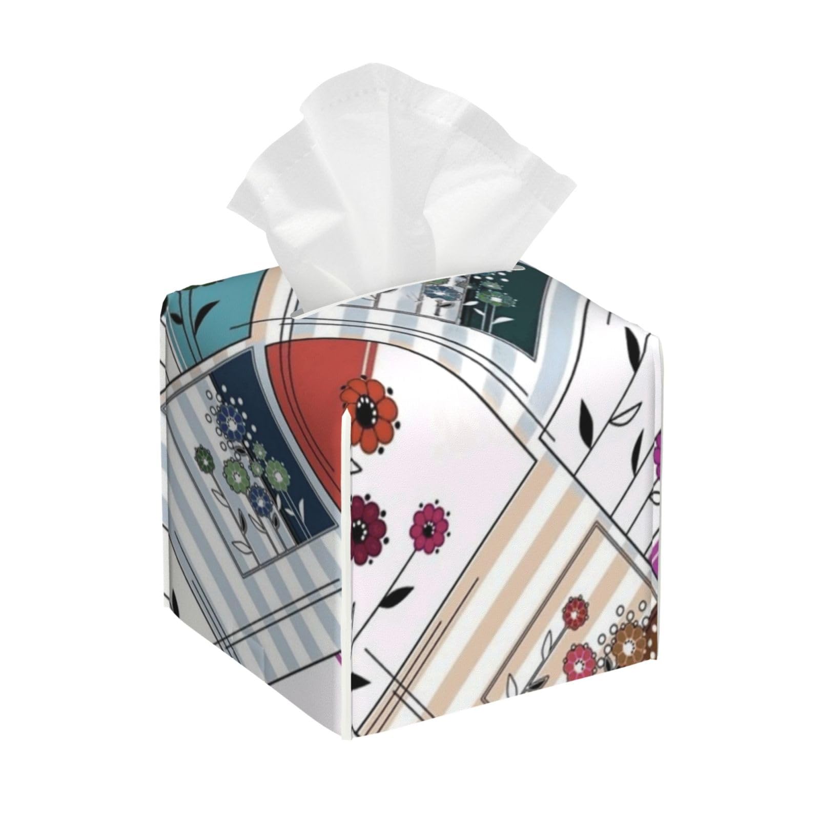 Folklore Floral Patchwork (2) Tissue Box Cover 5" Square Leather Tissue Holder Facial Tissue Case for Tabletop Bedroom Bathroom Desk Decor