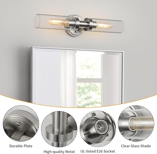 Miniatura 4 de WILON Luces de tocador de níquel cepillado, lámpara de tocador de baño de 2 luces con pantallas de vidrio transparente, apliques modernos con base