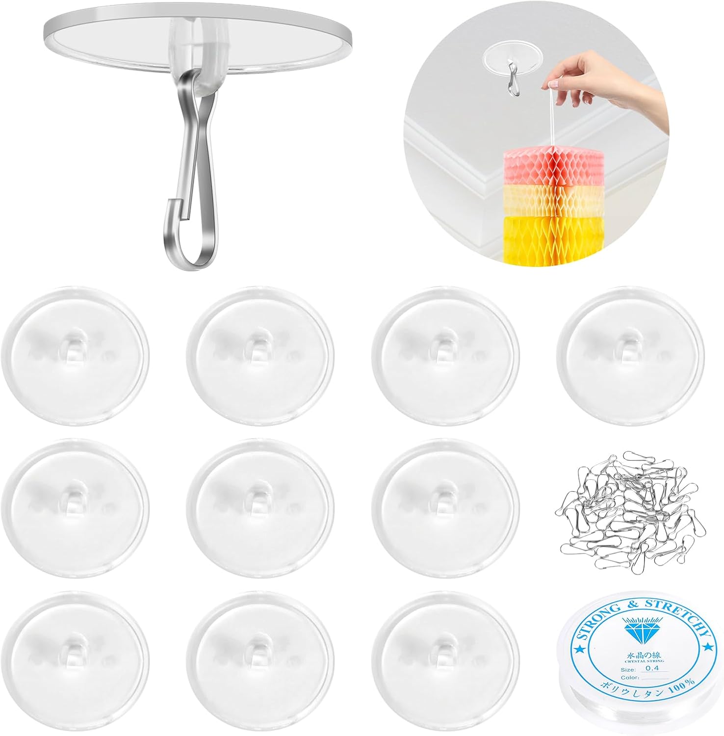 Paquete de 10 ganchos de techo autoadhesivos con línea para colgar linternas de papel de 80 pies, ganchos de pared de techo extraíbles sin daños y