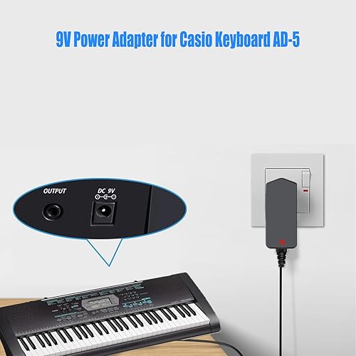 Miniatura 5 de Cable adaptador de corriente de 9 V CC para teclado Casio Casio AD-5 WK-110 WK-200 LK-43 LK-100 CTK-2100 CTK-496 CTK-710 CTK-700 CT-360 CTK-573