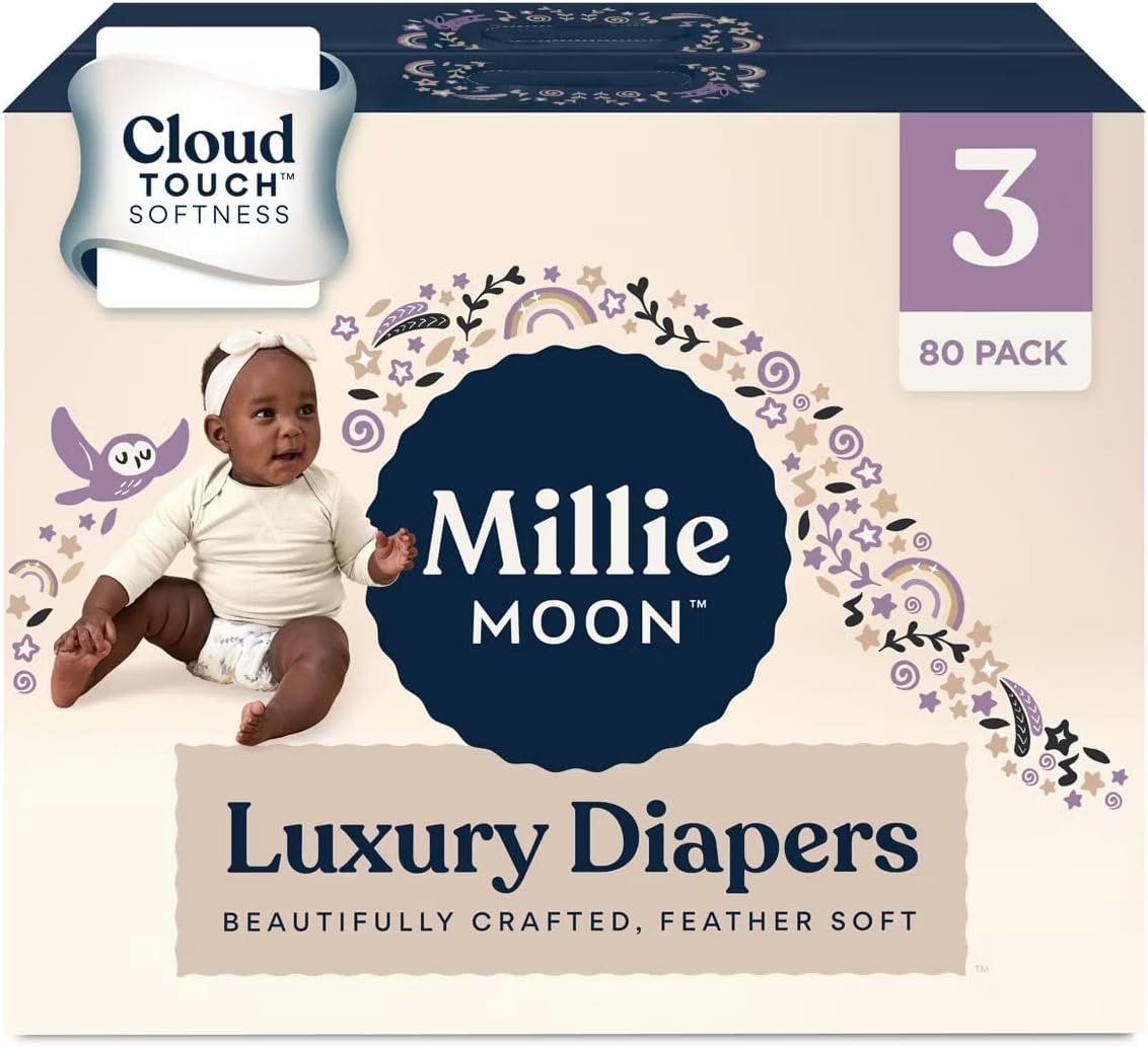 Millie Moon Luxury Diapers - Size 3 (13-24lbs), 80 Count, CloudTouch Ultra Soft Diapers, Up to 12hr Absorbency, Double Leak Guard and Wetness Indicator