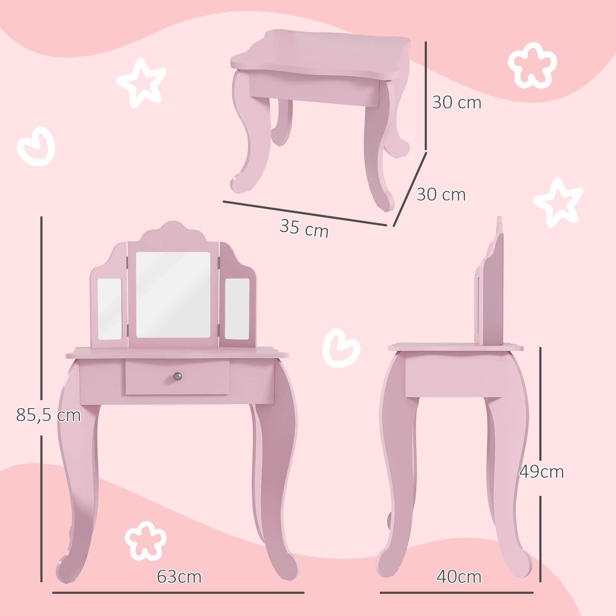 HOMCOM Tocador Infantil con Taburete y Espejo Ajustable, Tocador para Niñas con Cajón, Mesa de Maquillaje para Niños y Niñas de 3-6 Años, Rosa