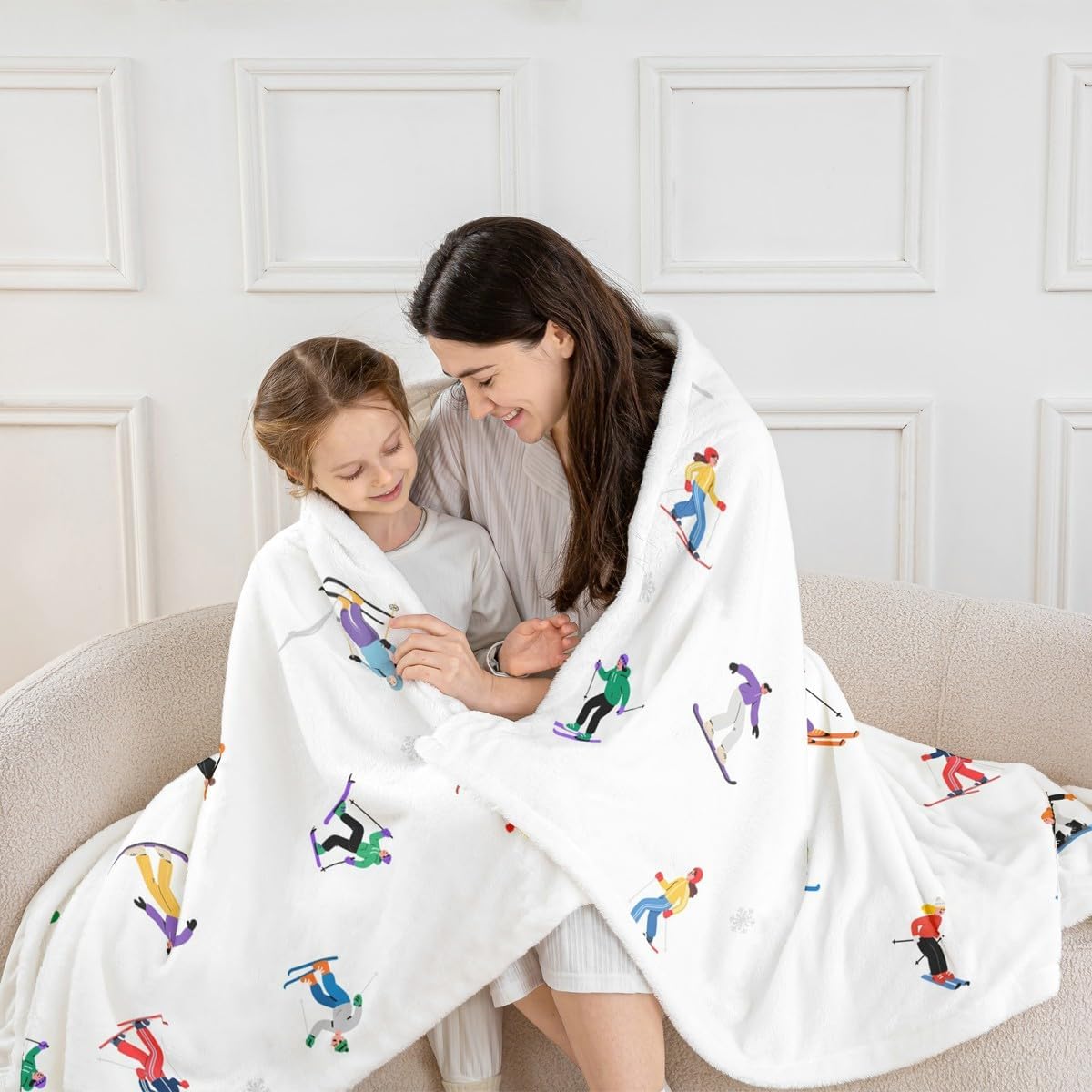 Winter Ski Sports Throw Blanket,Cartoon Skiing Skier Blankets,Snow Extreme Sports Fleece Blanket for Kids Boys Girls Teens Living Room,Colorful White Sherpa Blanket,for Chair/Sofa,60"×80"