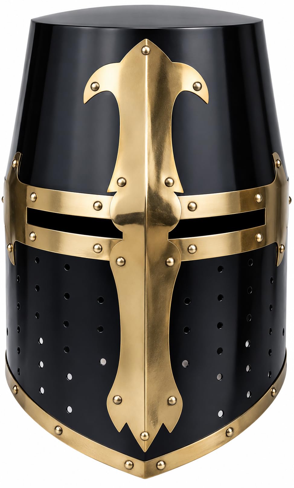 Nautical Replica Hub - Casco Medievale da Cavaliere Templare di Halloween, Finitura Nera in Acciaio Calibro 18 con Accenti in Ottone, Taglia Standard per Adulti